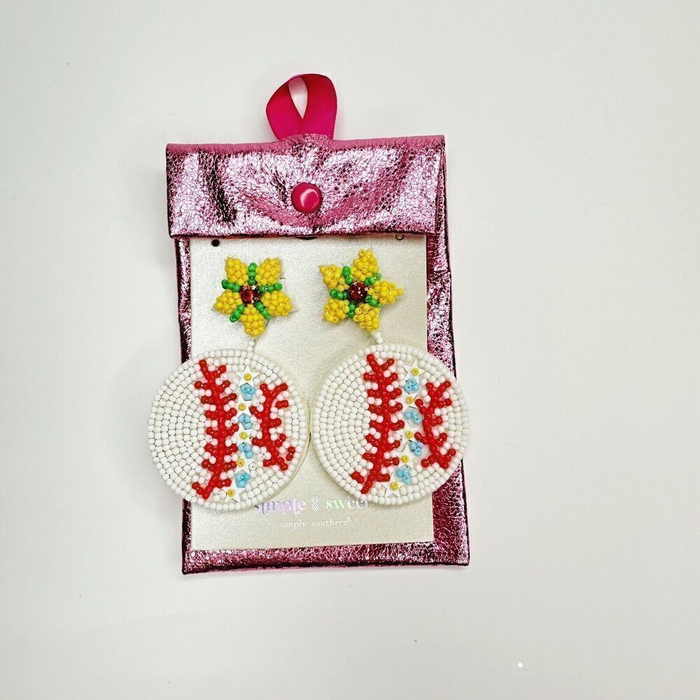 Simply Southern Earrings Baseball‎ Beaded Dangle Star 2.5” Kitsch Unique